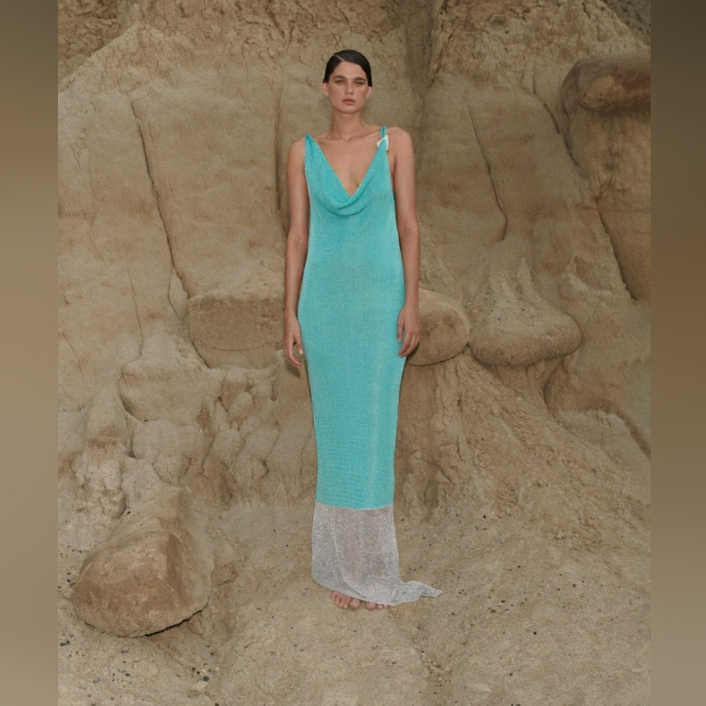 Baobab Collection Aqua and White Knit Cowl Neck Maxi Dress